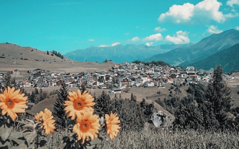 Blick auf Serfaus-Fiss-Ladis mit 5 gelben Blumen im Vordergrund